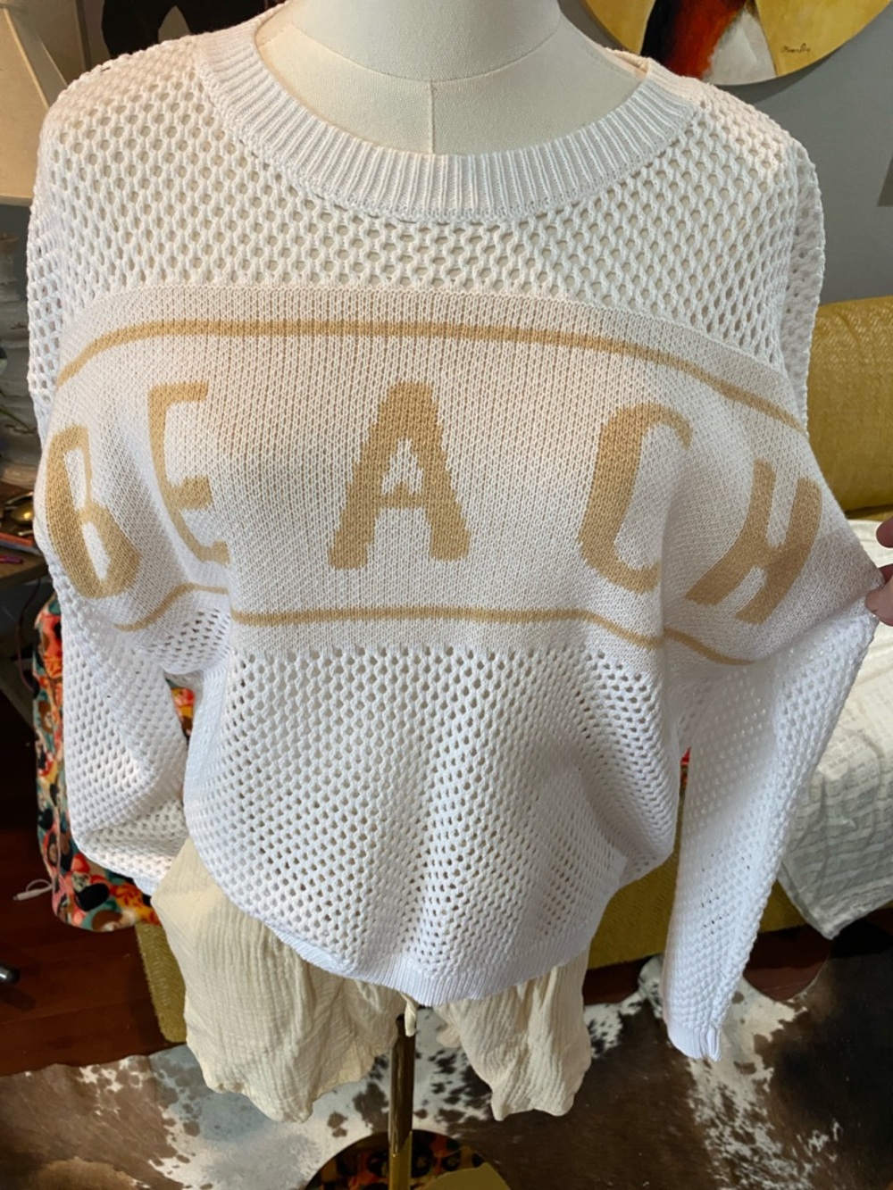 White Open-Knit Crewneck Sweater with Beige 'BEACH'
